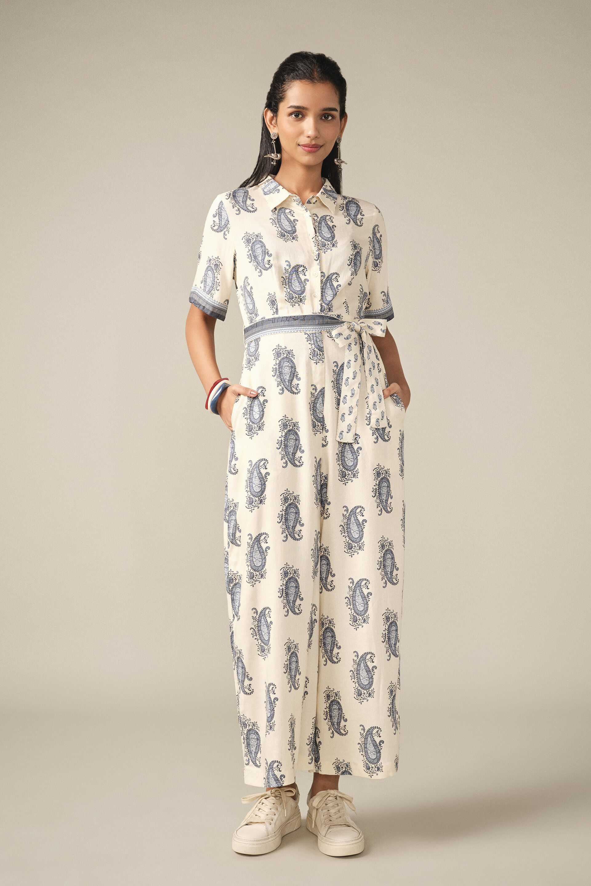 Printed Collared Jumpsuit in White